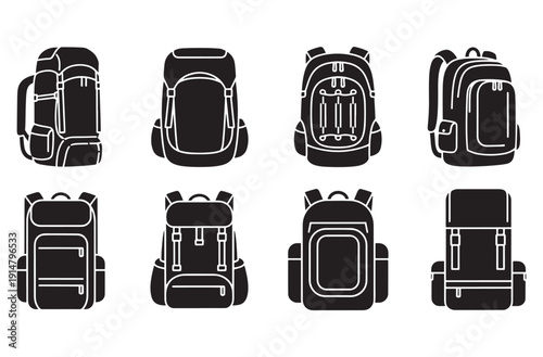 Backpack icon set, travel bag, rucksack, school bag, hiking pack, camping gear, luggage, adventure accessory, outdoor equipment, student satchel