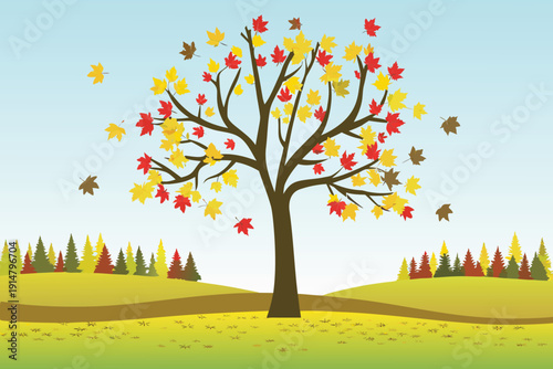 A vibrant autumn scene depicts a tree shedding colorful leaves in fall