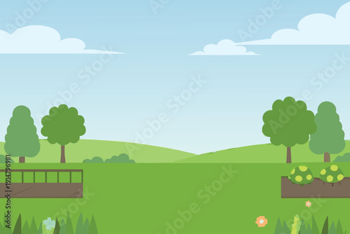A simple flat design illustration depicts a peaceful green landscape scene high quality
