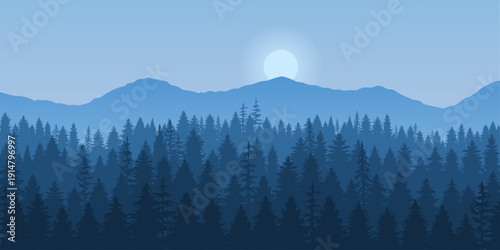 Blue Forest Mountain Landscape with Pine Tree Silhouettes and Sun Moon Minimalist Vector Art Design