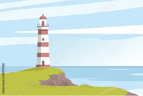 A charming illustration depicts a classic red and white striped lighthouse by