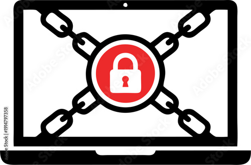 Laptop Protected with Chain and Padlock Icon – Cyber Security, Data Protection, Ransomware Defense Concept