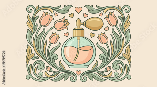 Elegant Vintage Perfume Bottle Illustration framed by Art Nouveau Tulips and Ornate Floral Swirls