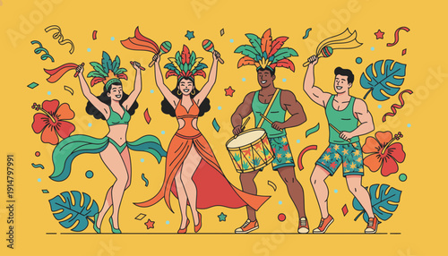 Vibrant Brazilian Carnival Celebration. Happy Dancers and Musicians in Tropical Feather Costumes Playing Samba Instruments.