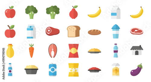 Colorful flat lay illustration of various food items and a drink container