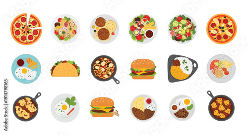 Collection of various colorful food dishes displayed in a grid pattern