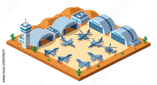Isometric illustration of a desert airbase with military aircraft and structures