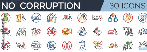 Collection of icons representing anti-corruption symbols and messages in various styles and colors