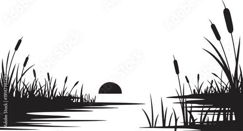 Black and white silhouette of sunset over water with reeds