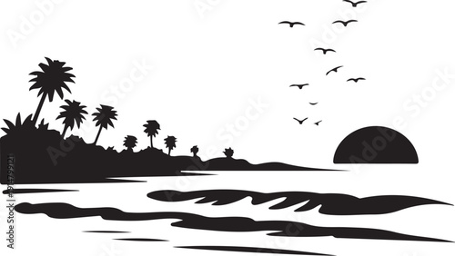 Black and white silhouette of tropical beach with palm trees and flying birds