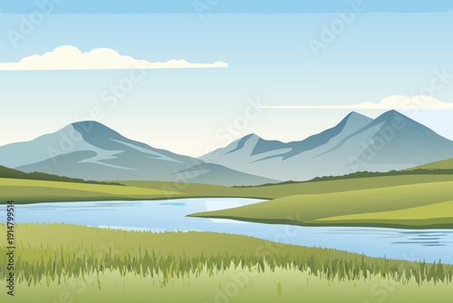 A peaceful landscape depicts rolling green hills a winding river and mountains