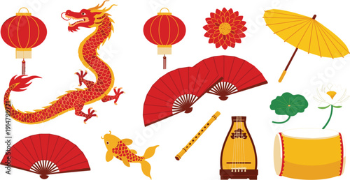 Chinese Traditional Elements Illustration Set with Dragon, Lantern, Fan, Umbrella, Drum, and Cultural Symbols for Festival and Asian Design Projects