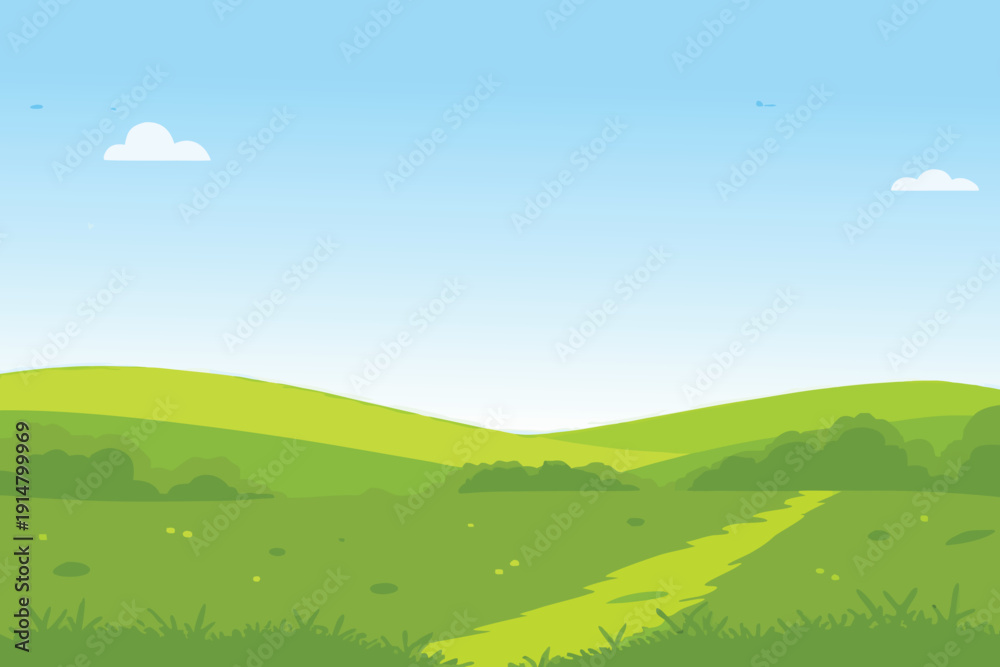 Obraz premium A serene landscape depicts rolling green hills beneath a clear blue sky