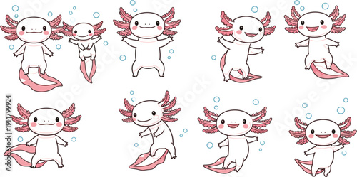 Cute Axolotl Pose Collection with Kawaii Salamander Cartoon Characters in Different Happy Actions for Sticker, Kids, and Mascot Design