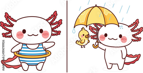 Cute Axolotl Summer and Rainy Day Cartoon Character with Float Ring and Umbrella for Kawaii Sticker and Kids Design Projects