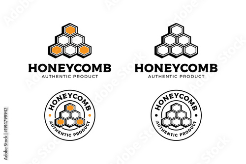 Honeycomb hexagon cluster modern geometric logo design set for organic product. Beehive cells minimal badge logo design set. Abstract honey cells illustration