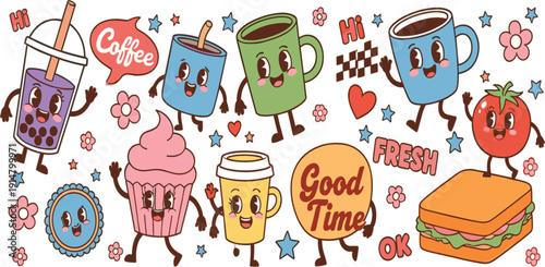 Cute Coffee and Food Cartoon Character Set with Kawaii Drinks, Cupcake, Sandwich, and Fun Stickers for Cafe Menu and Kids Design