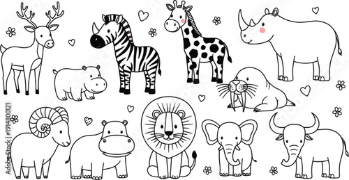Cute Safari Animals Outline Collection with Zebra, Giraffe, Lion, Elephant, Rhino, and Deer for Kids Coloring Book and Nursery Design