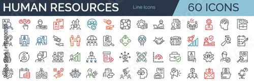 A collection of sixty human resources icons displayed in various colors and styles on a clean background viewed from a straightforward perspective