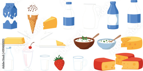 Dairy Products and Milk Food Illustration Set with Cheese, Butter, Ice Cream, Yogurt, and Bottles for Farm Fresh Grocery Design
