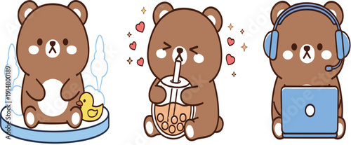 Cute Teddy Bear Character Set with Bubble Tea, Laptop, and Relaxing Scenes for Kawaii Sticker, Mascot, and Cartoon Design Projects