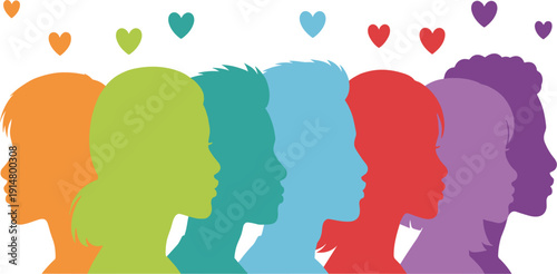 Diverse Women Profile Silhouette Collection with Colorful Female Faces and Hearts Symbolizing Diversity, Equality, Love, Inclusion, and Empowerment Design