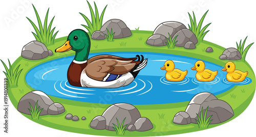 Duck Family in Pond Illustration with Mother Duck and Ducklings Swimming in Nature Landscape for Wildlife, Farm, and Kids Design Projects