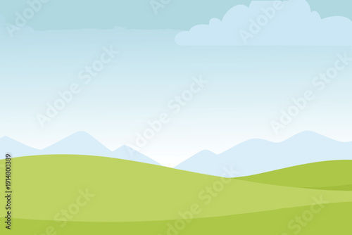 A simple colorful landscape illustration featuring rolling hills and a blue sky