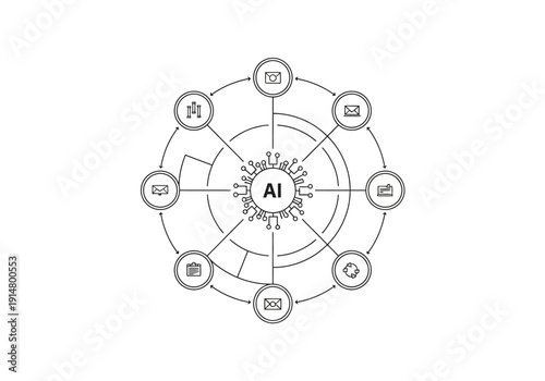 Artificial Intelligence Ecosystem Illustrating Data Processing, Communication, and Automated Business Operations with Linked Icons