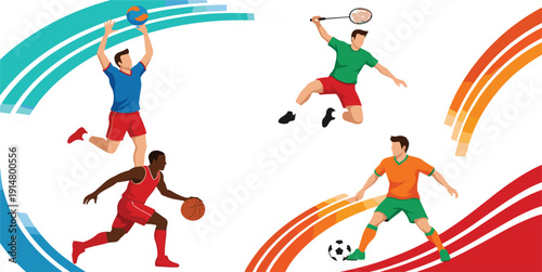 Multi Sport Athletes Illustration Set with Basketball, Soccer, Volleyball, and Badminton Players in Action for Fitness, Tournament, and Active Lifestyle Design