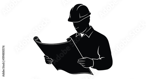 A black silhouette of a construction worker examining blueprints ideal for design projects on transparent background high quality professional detailed modern