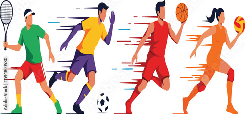 Multi Sport Athletes Running Illustration with Tennis, Soccer, Basketball, and Volleyball Players in Motion for Fitness and Competition Design Projects