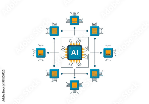 Wallpaper Mural Illustrative concept: Central AI processor networked with microchips, representing advanced digital technology and automation. Torontodigital.ca