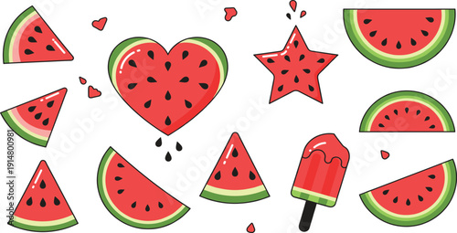 Watermelon Slice and Popsicle Illustration Set with Heart and Star Shapes for Summer Food, Dessert, and Cute Fruit Design Projects