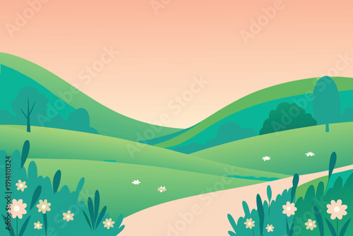 A peaceful stylized landscape depicts rolling green hills under a soft sky