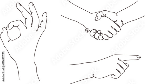 Continuous line drawing of a handshake, pointing finger, V sign, Minimalist gesture illustration. 