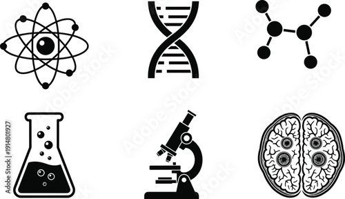 Black science and medical icons set featuring atom DNA molecule flask microscope and brain isolated on gray background for education research design