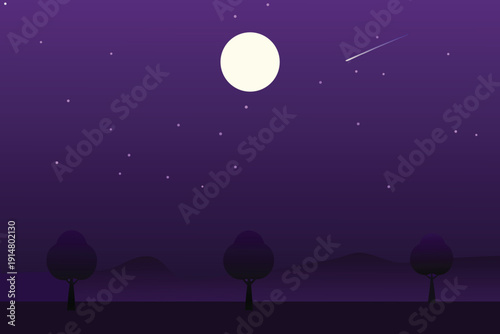 A minimalist illustration depicts a purple night sky with a bright full