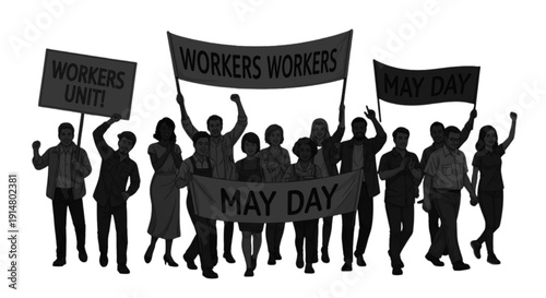 Silhouettes of people holding flags and protest signs in a demonstration
