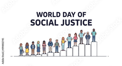 Illustration of diverse people standing on varying levels of blocks, promoting equality and fairness on World Day of Social Justice with a hopeful mood against a clean white background.