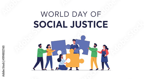 Illustration of diverse people assembling puzzle pieces on World Day of Social Justice, promoting unity and equality on a white background with a hopeful mood.
