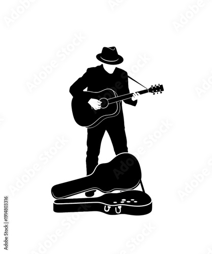 Silhouette Musician Playing Acoustic Guitar with Fedora Hat and Case on Stage