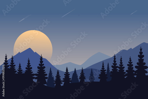 A serene landscape depicts silhouetted mountains under a glowing full moon high quality