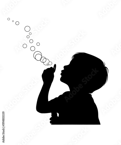 Silhouette child blowing bubbles with joyful expression in creative black and white design