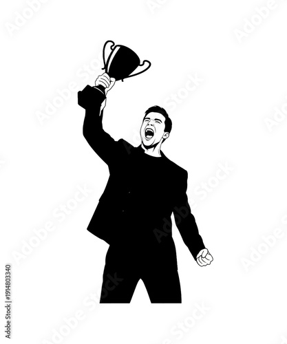 Professional man celebrating victory with trophy in business suit, triumphant pose