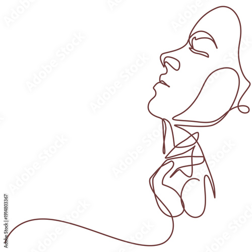 Relaxed woman's face with index finger on chin one line drawing. Relaxed woman's face with index finger on chin single line illustration. Relaxed woman's face with index finger on chin minimalist line
