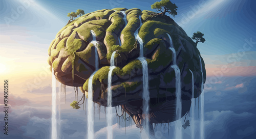 Surreal green brain with waterfalls cascading into clouds at sunrise