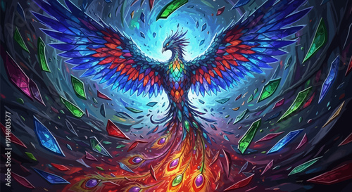 Vibrant phoenix bird spreads colorful wings in stunning crystal explosion