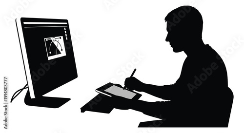 A digital artist works on a computer with a graphics tablet presented as a striking silhouette on transparent background high quality