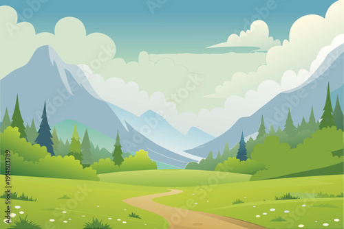 A serene landscape features majestic mountains lush forests and a winding pathway